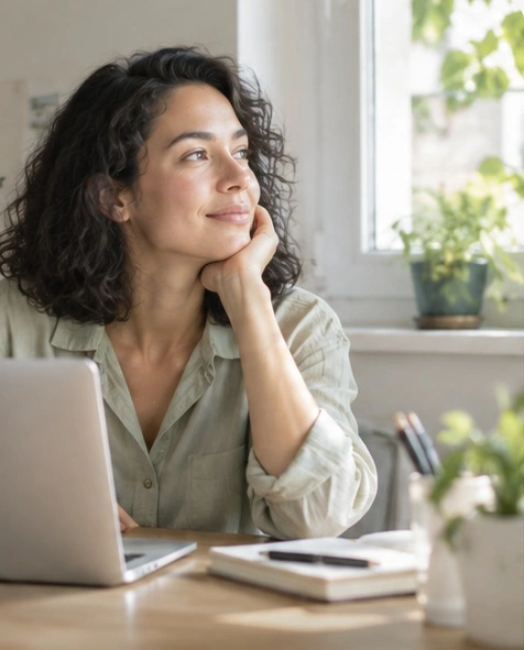 A person taking a quiet pause at her laptop beside a sunlit window